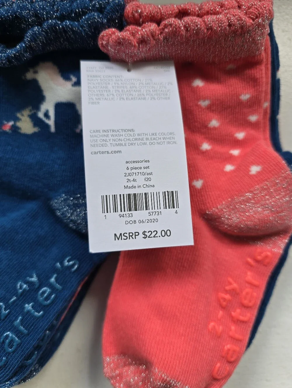 Carter's Coral Unicorn & Navy Floral Glitter-Trim Socks - 6 Pack